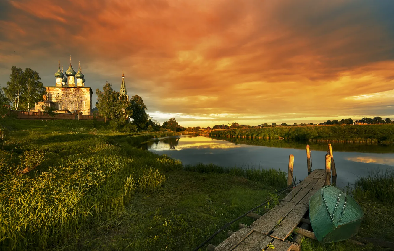 Photo wallpaper grass, clouds, sunset, lake, shore, boat, view, Church