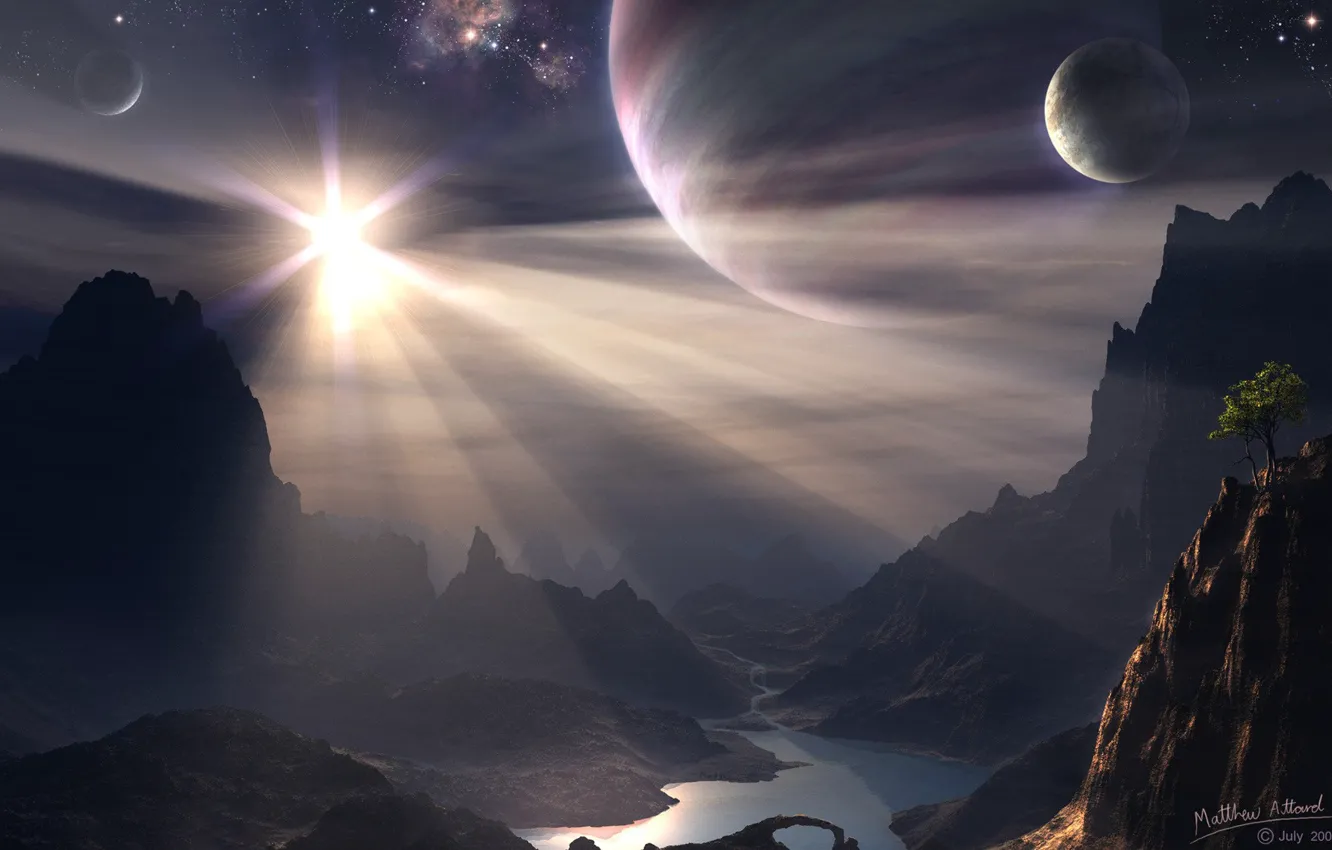 Photo wallpaper trees, mountains, planet