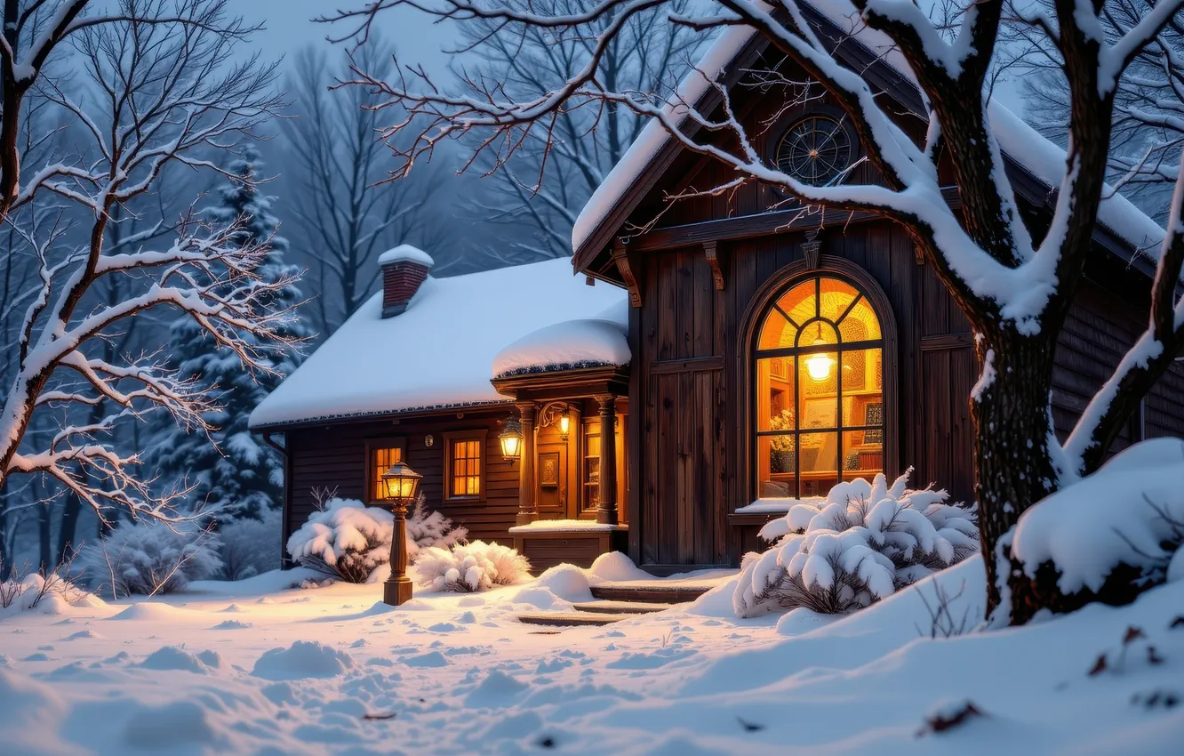 Photo wallpaper winter, frost, forest, snow, trees, night, branches, new year