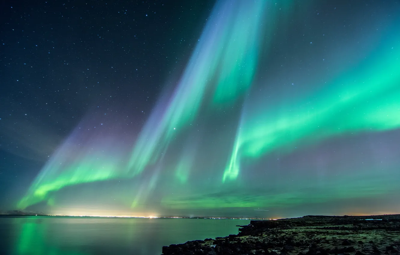 Photo wallpaper sea, the sky, night, lights, coast, stars, Northern lights, Iceland