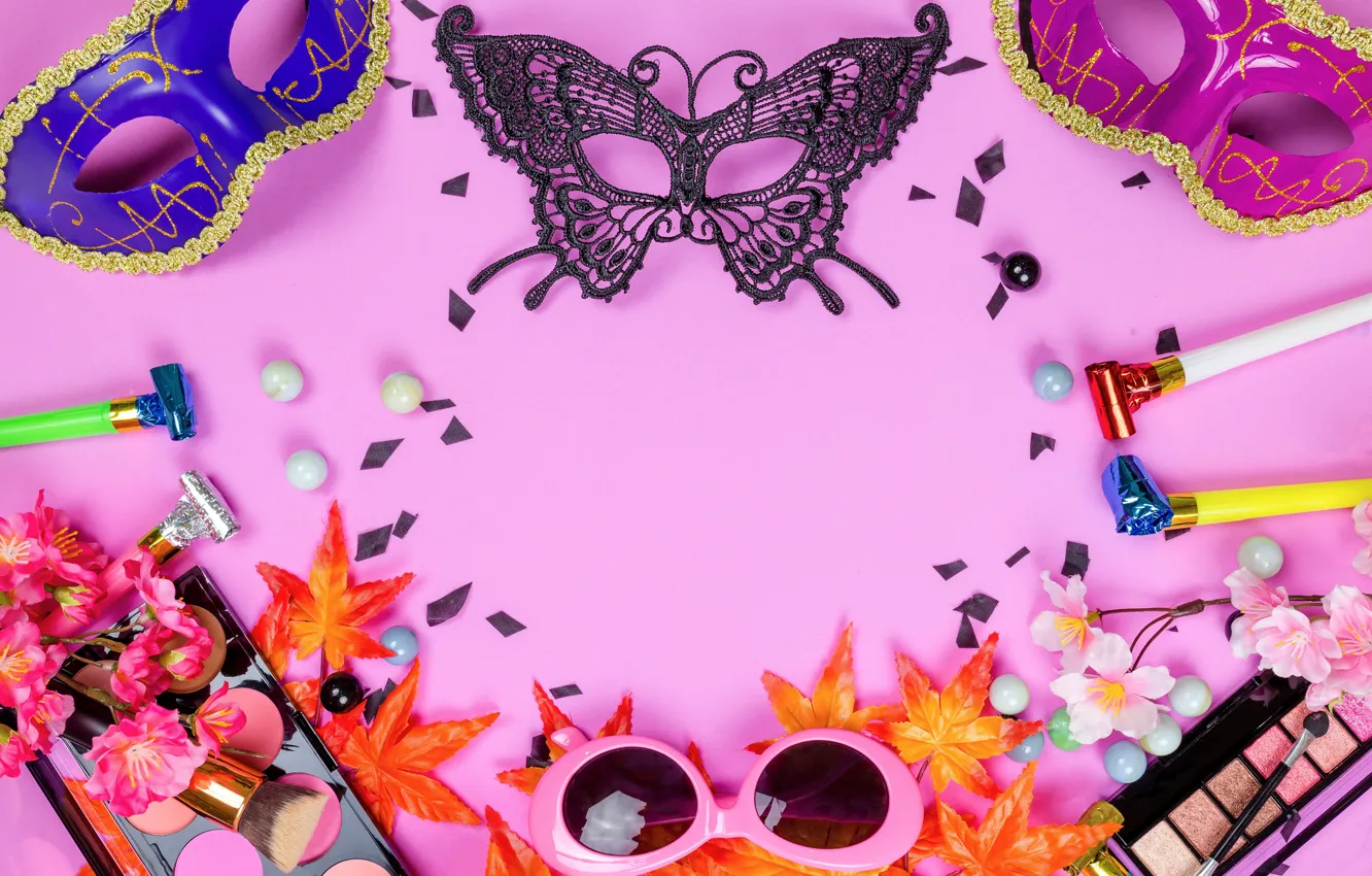 Photo wallpaper leaves, flowers, style, makeup, glasses, shadows, Mask, carnival