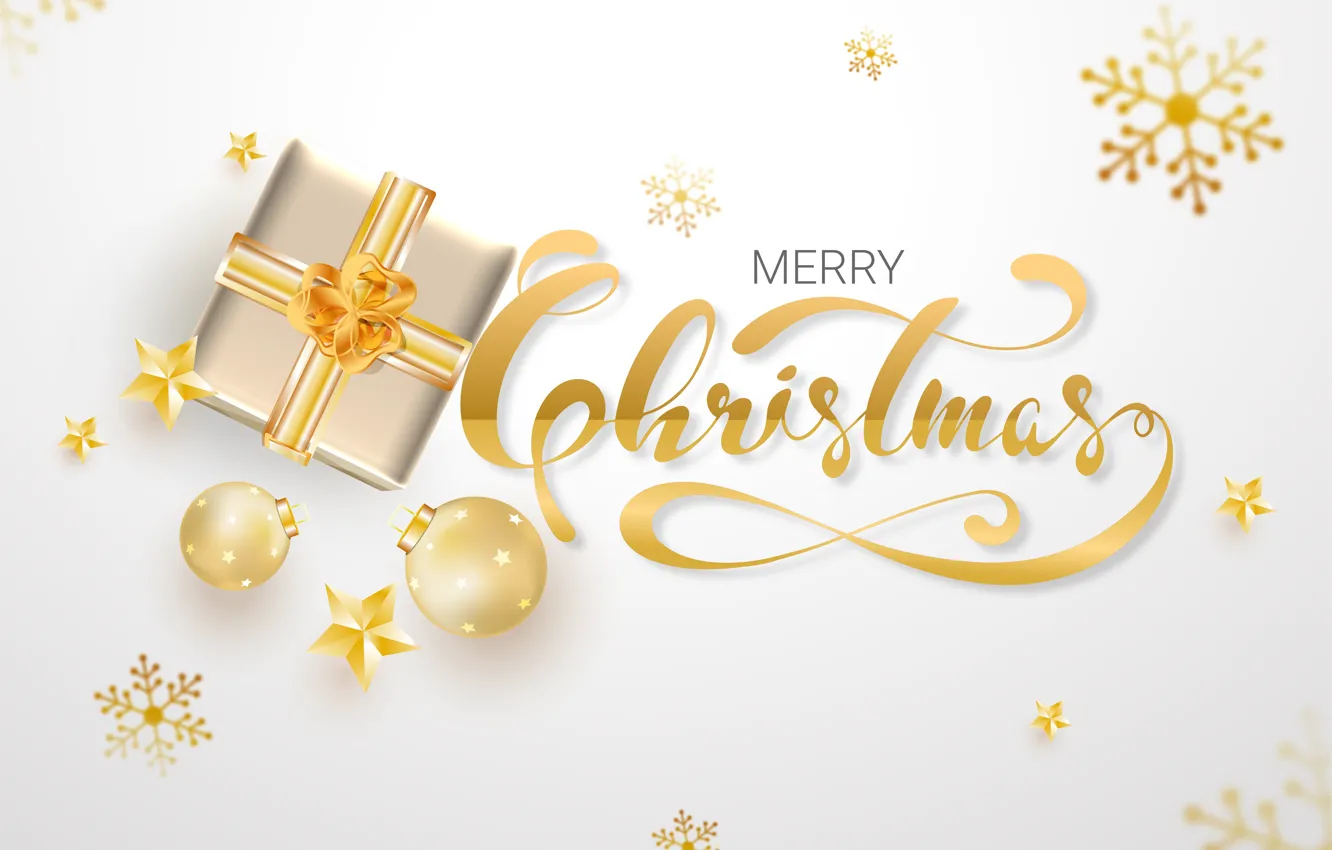 Photo wallpaper white, snowflakes, background, gold, box, gift, Christmas