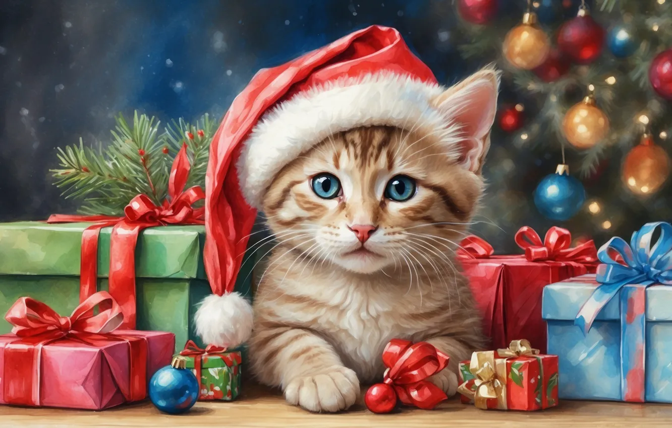 Photo wallpaper cat, look, balls, branches, pose, box, gift, sweetheart