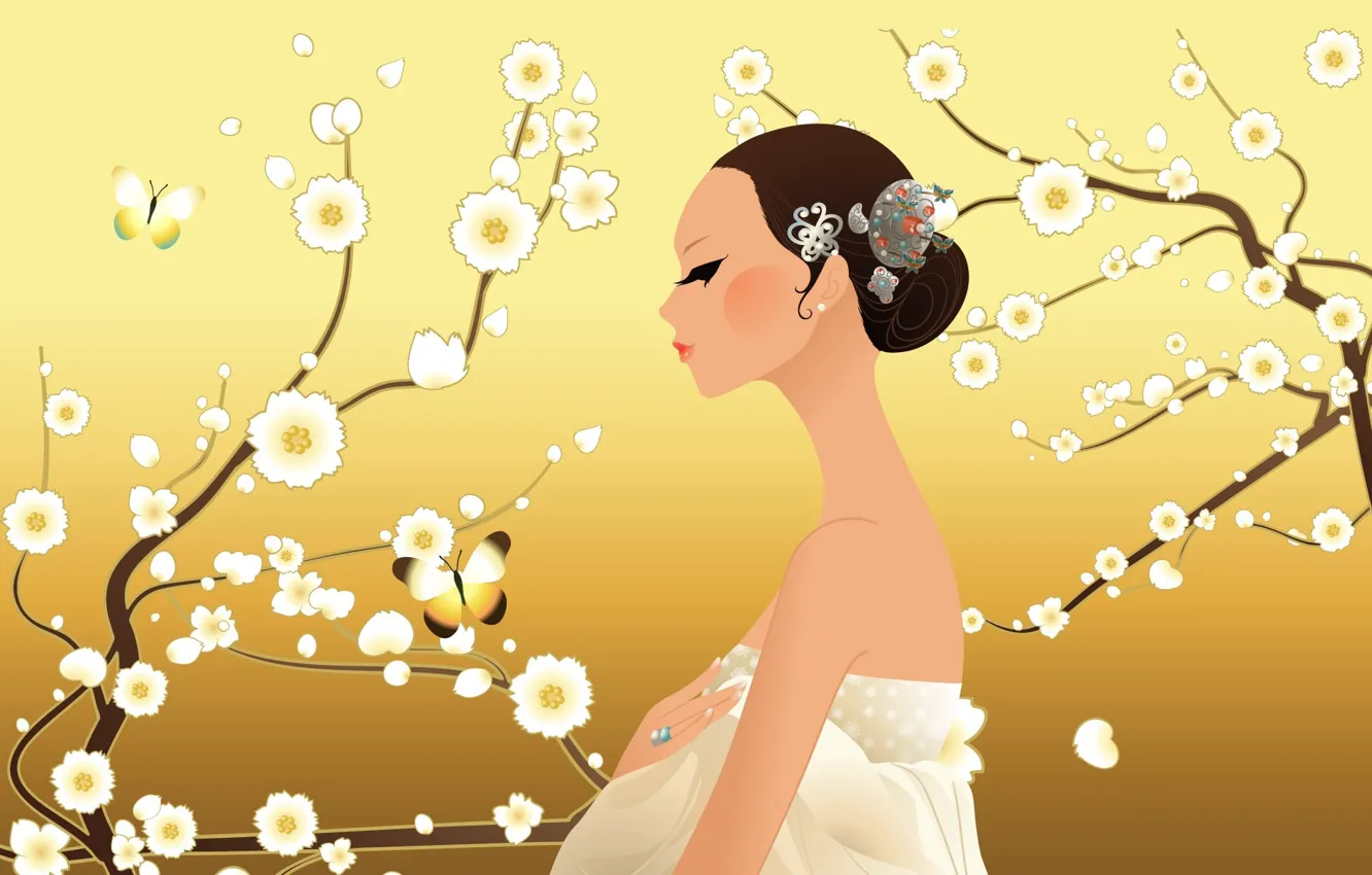 Photo wallpaper decoration, butterfly, beauty, butterfly, beauty, girl in white, jewelry, flowering trees