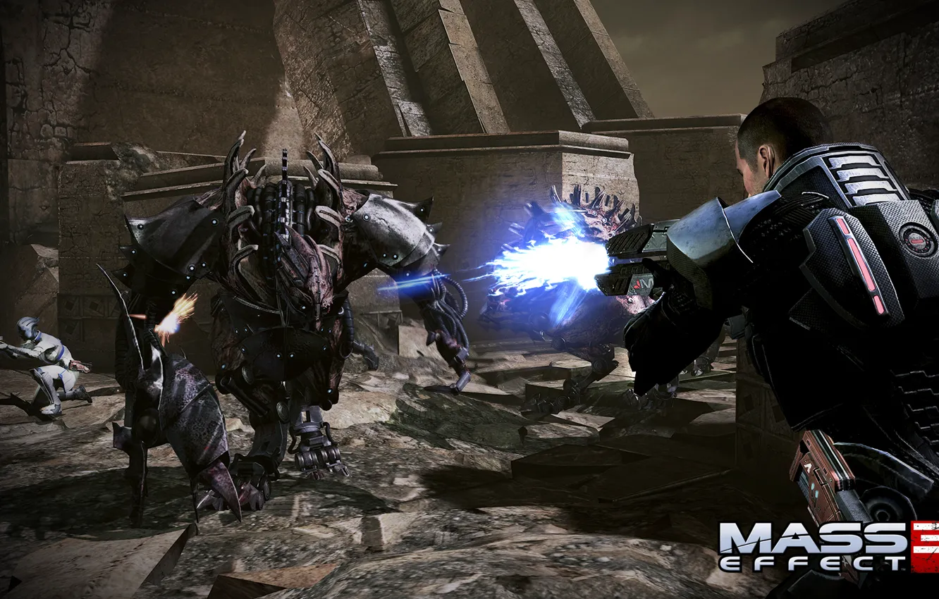 Photo wallpaper battle, Mass Effect 3, Liara, Shepard, Creature, Tuchanka