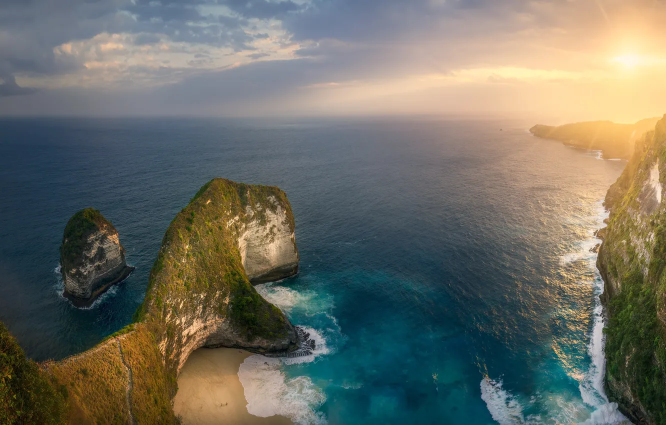 Photo wallpaper sea, beach, the sky, the sun, clouds, rays, fog, rocks