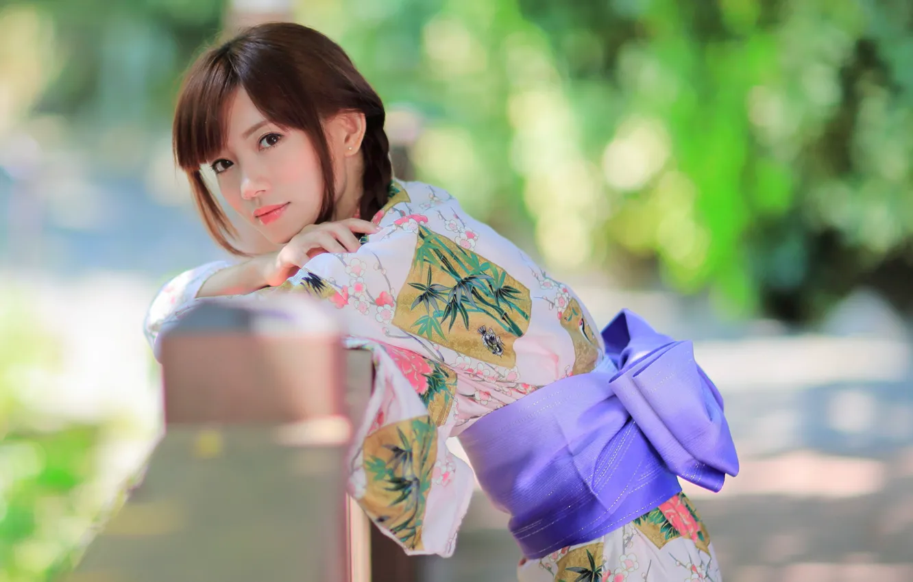 Photo wallpaper pose, kimono, beautiful girl, brown eyes, ashitaka, blur the background