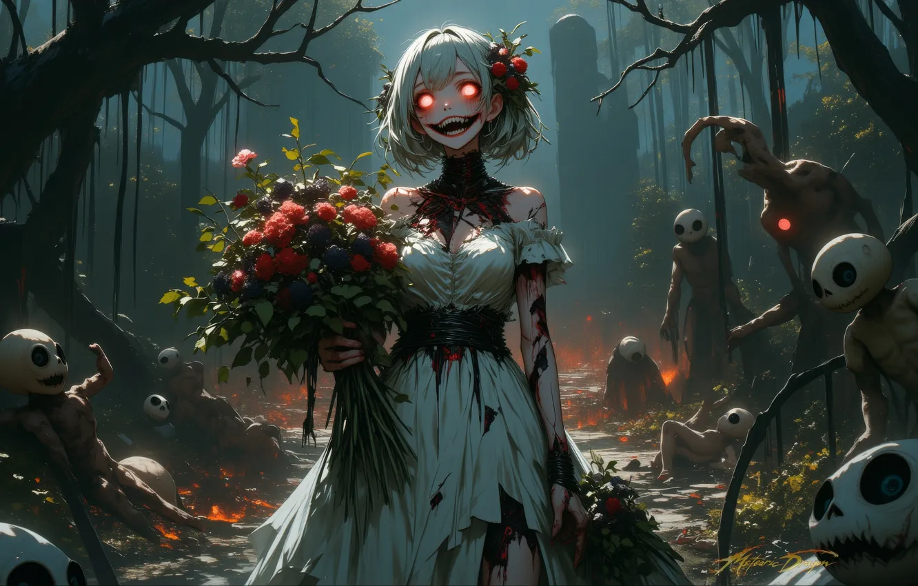 Photo wallpaper monster, horror, undead, blood, burning eyes, damn place, hell of a grin, fog in the …