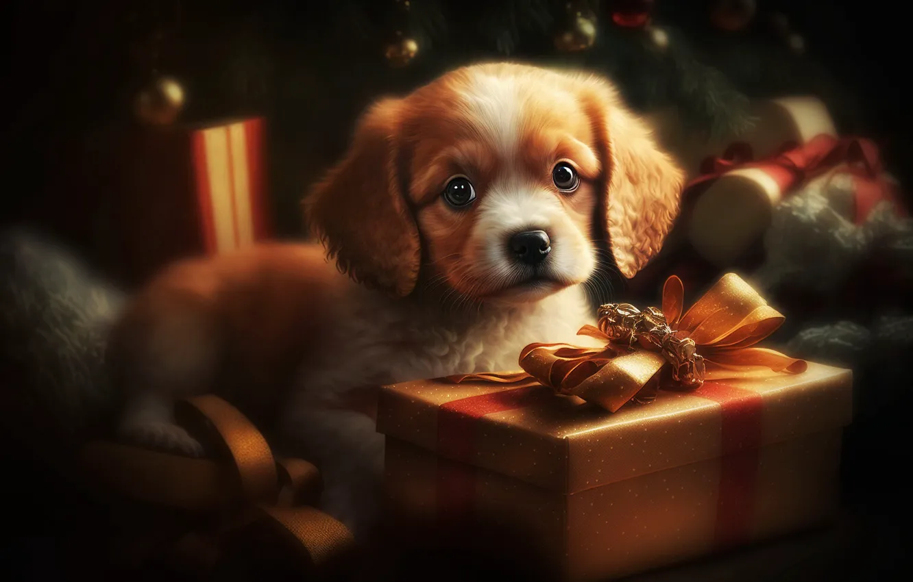 Photo wallpaper look, balls, light, branches, the dark background, rendering, box, gift