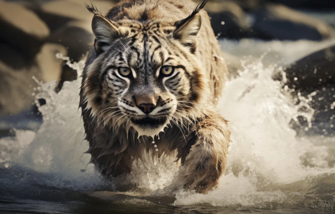 Photo wallpaper look, water, predator, lynx, front, big cat, digital art, AI art