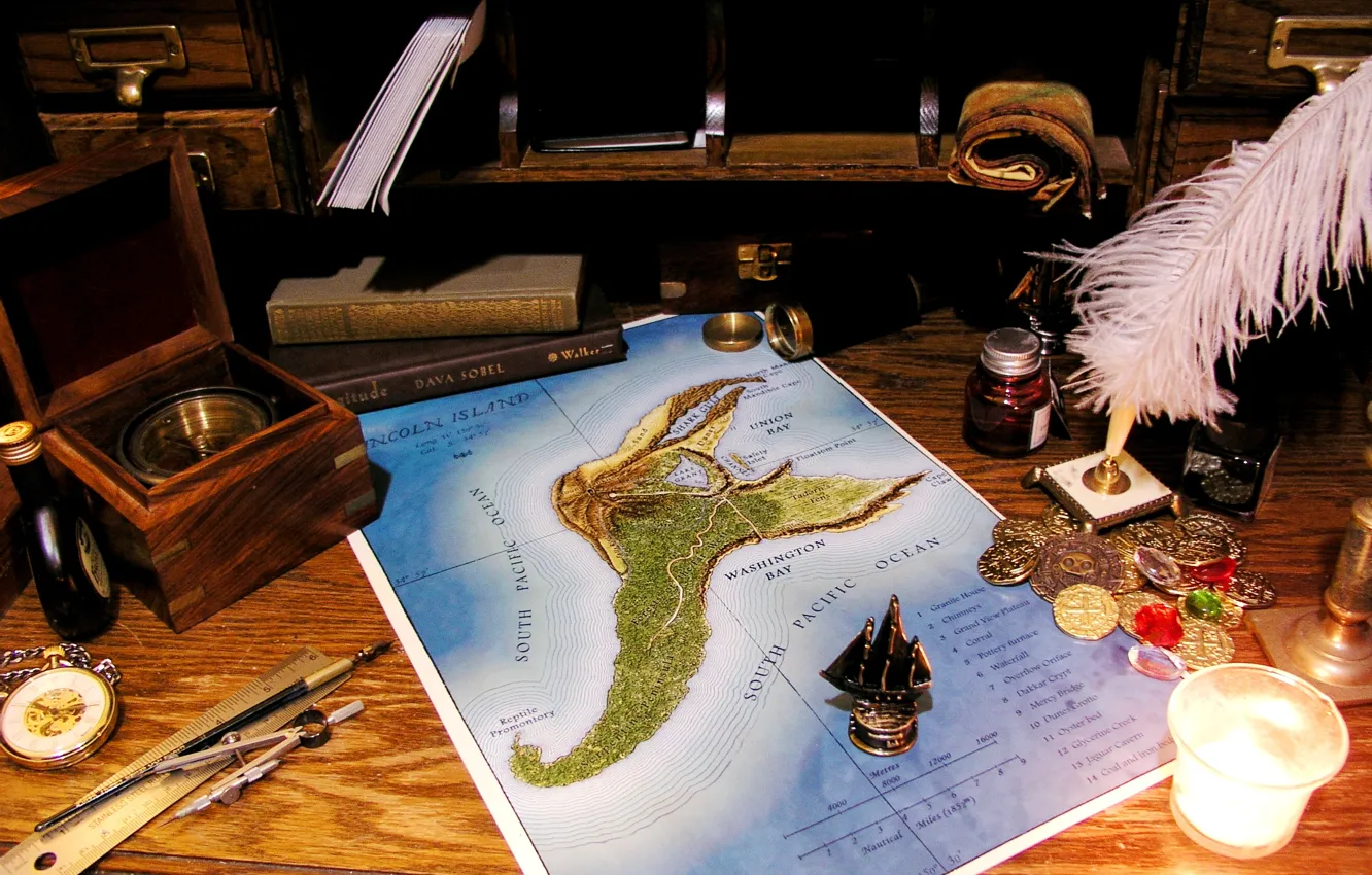 Photo wallpaper table, pen, watch, map, sailboat, coins, spyglass, candle