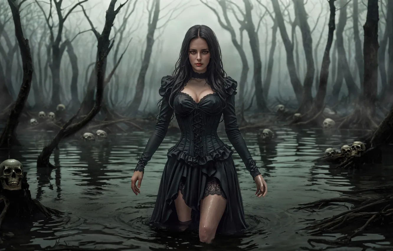 Photo wallpaper cleavage, long hair, legs, women, brunette, standing, collarbone, looking at viewer