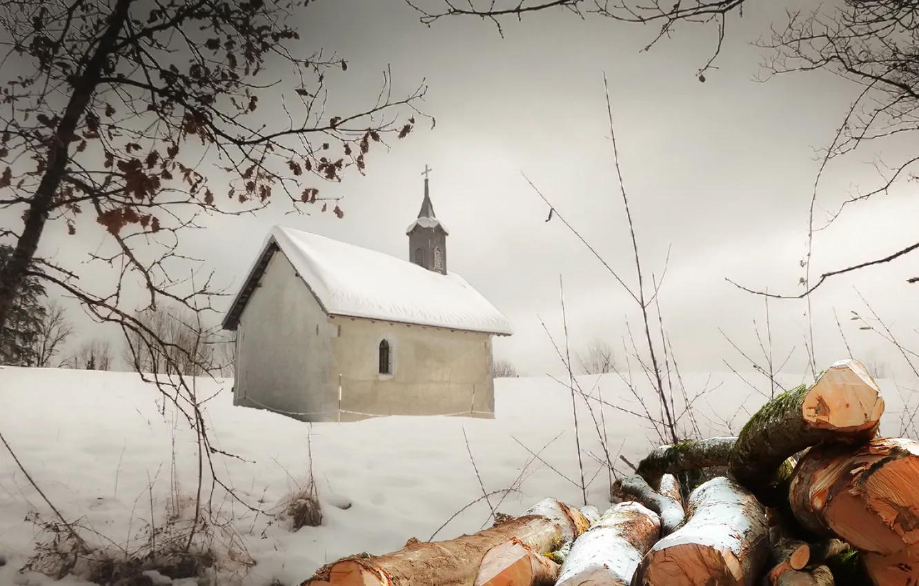 Photo wallpaper winter, temple, log