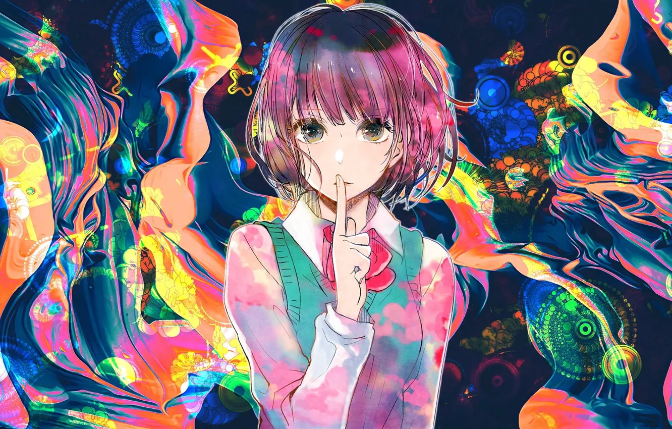 Photo wallpaper girl, anime, gesture, a riot of colors, Shhh, quieter