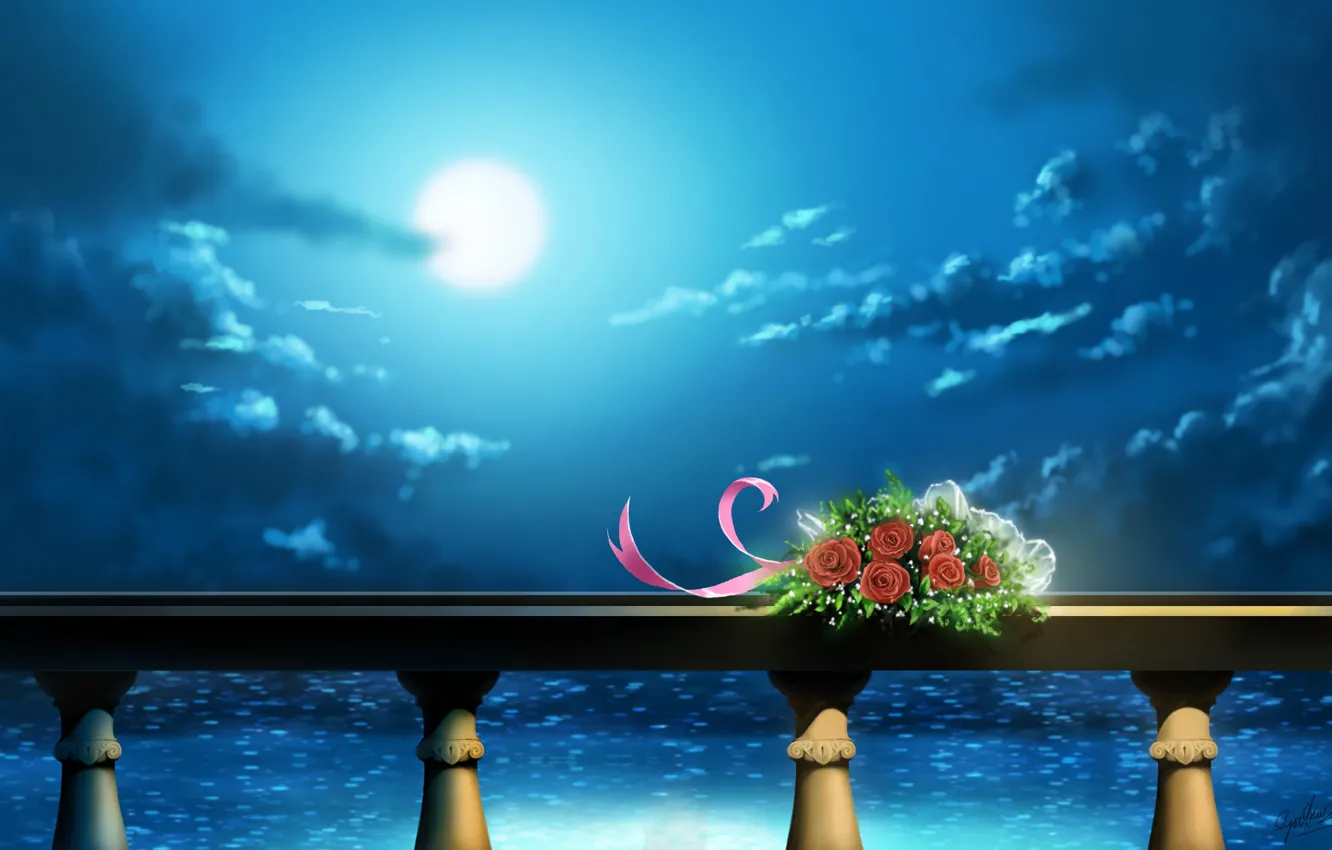 Photo wallpaper sea, clouds, flowers, night, the moon, bouquet, art, railings