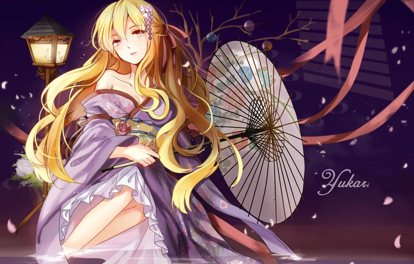 Photo wallpaper water, girl, umbrella, petals, art, lights, tape, kimono