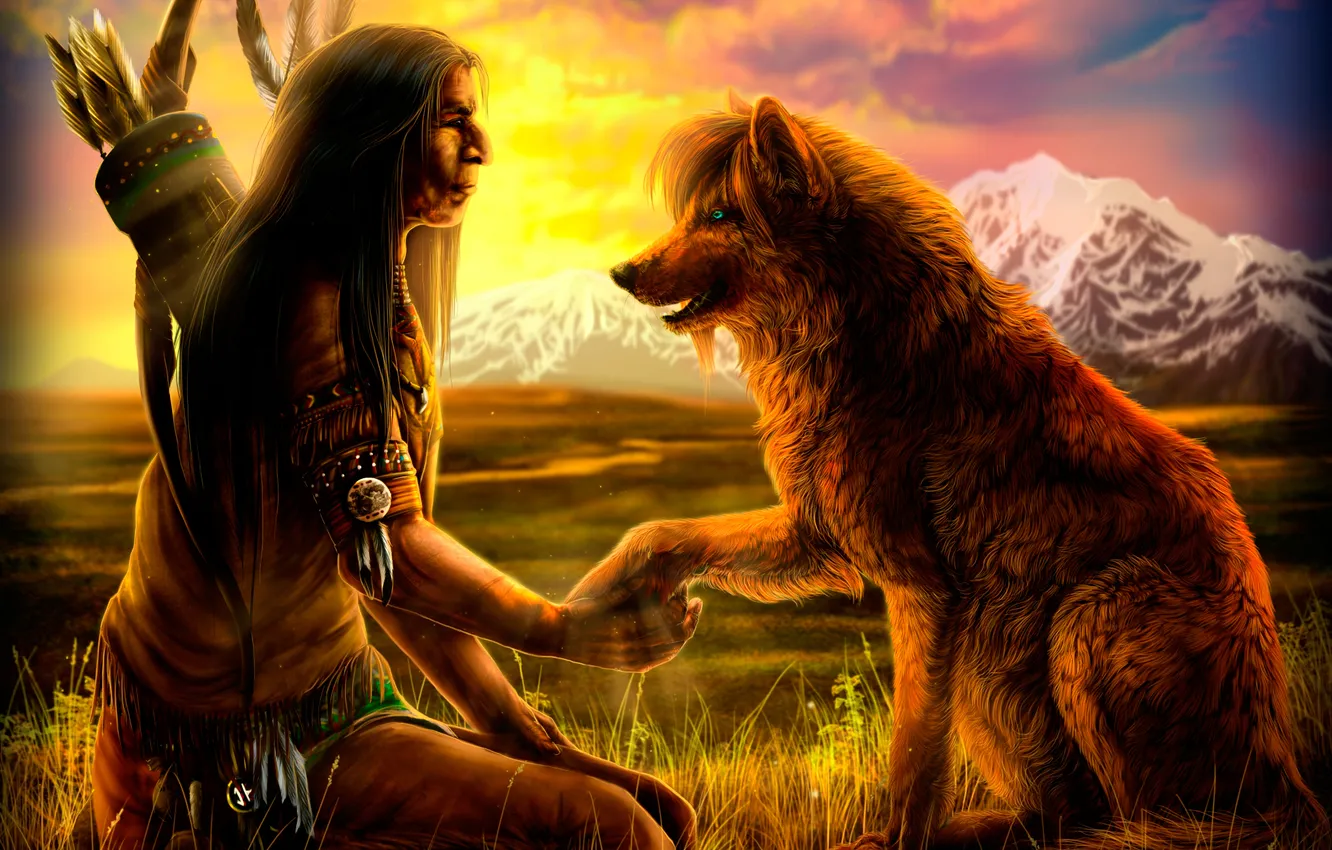 Photo wallpaper field, sunset, mountains, feathers, arrows, art, Indian, wolfroad