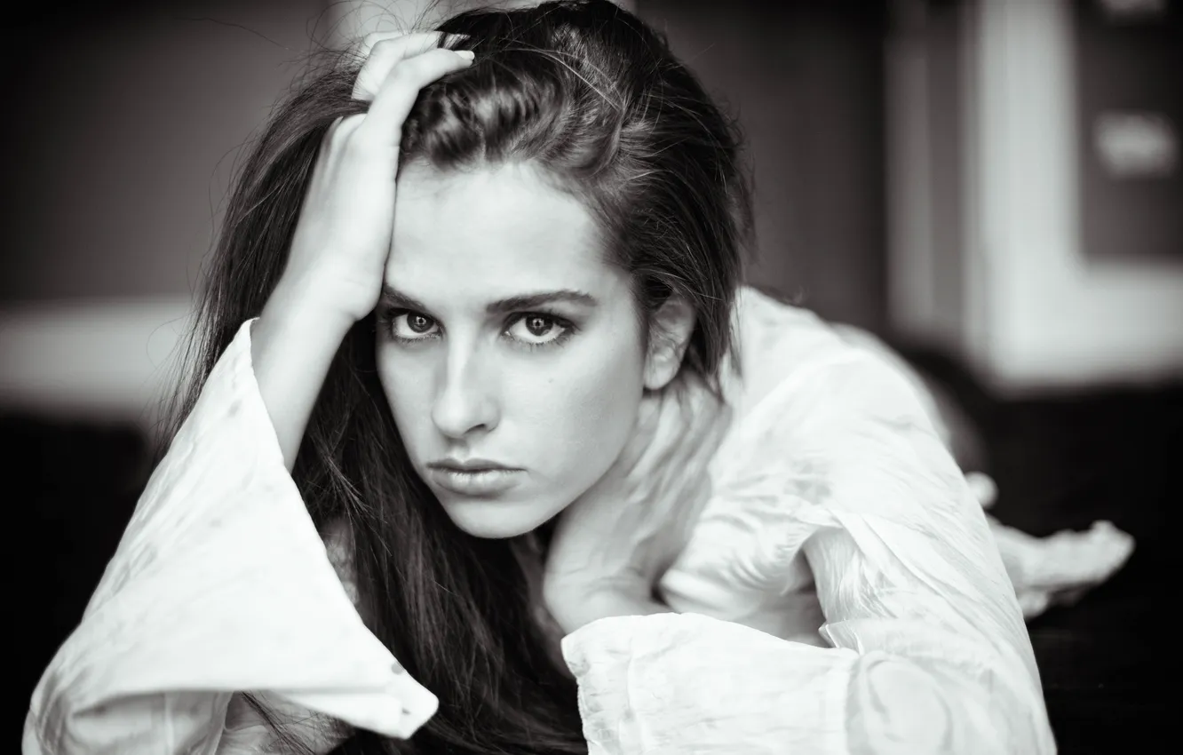 Photo wallpaper look, girl, pose, brunette, black and white