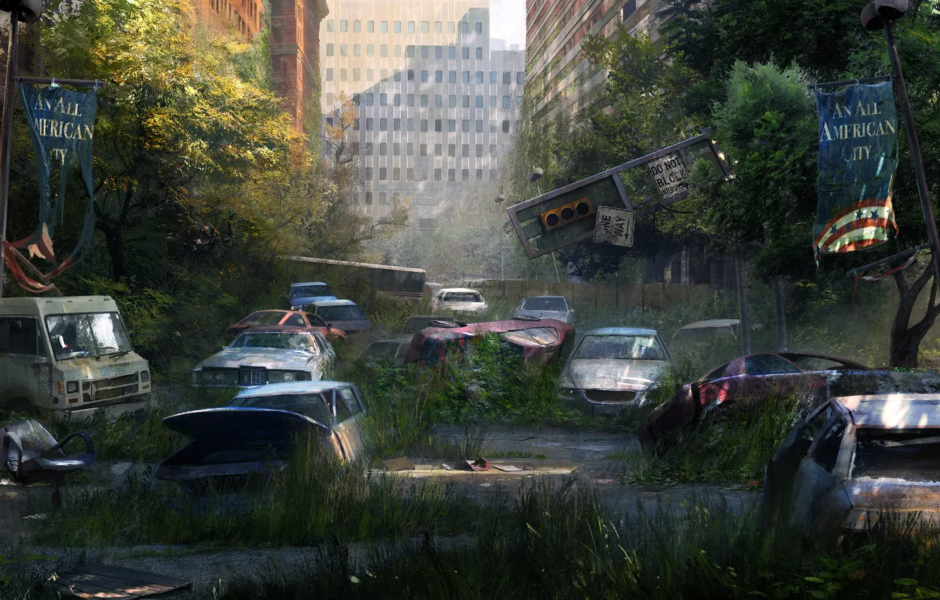 Photo wallpaper machine, trees, the city, wall, street, Apocalypse, building, moss