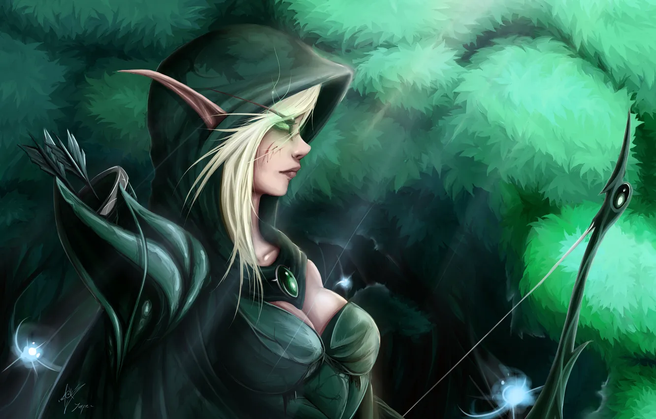 Photo wallpaper forest, lights, bow, World of Warcraft, elf, wow