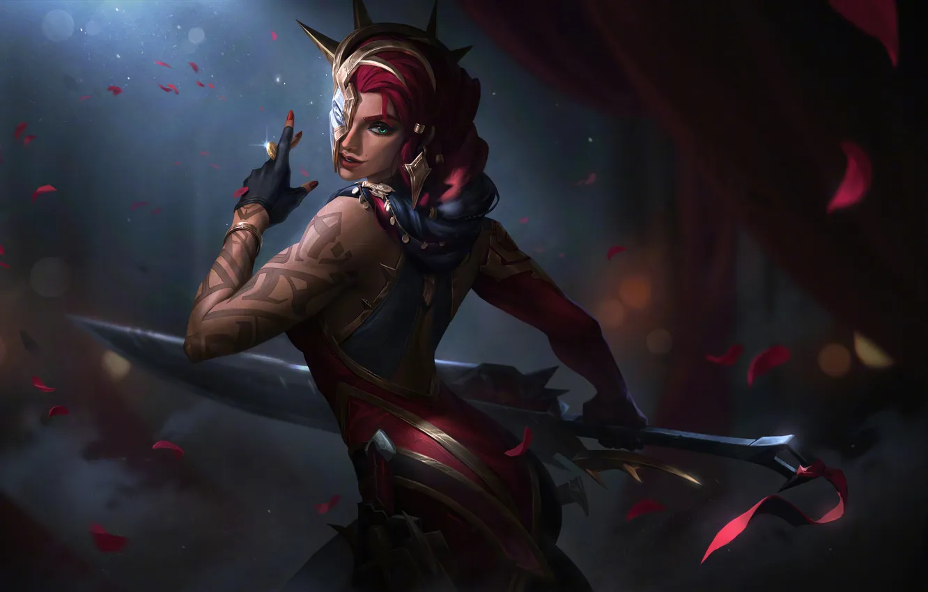 Photo wallpaper dark, girl, sword, fantasy, game, green eyes, tattoo, redhead