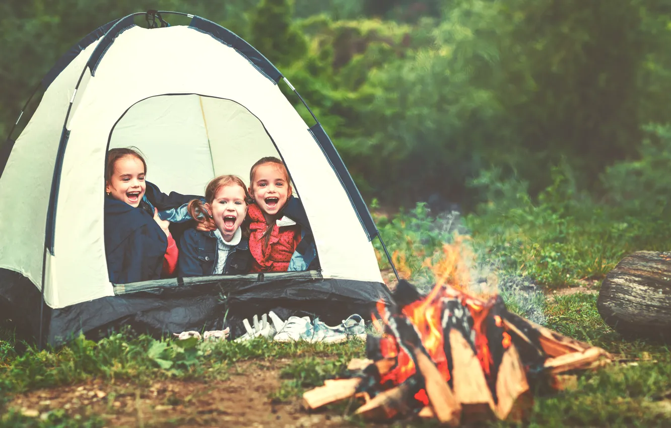 Photo wallpaper joy, nature, children, each, the fire, tent, adventure, tourism