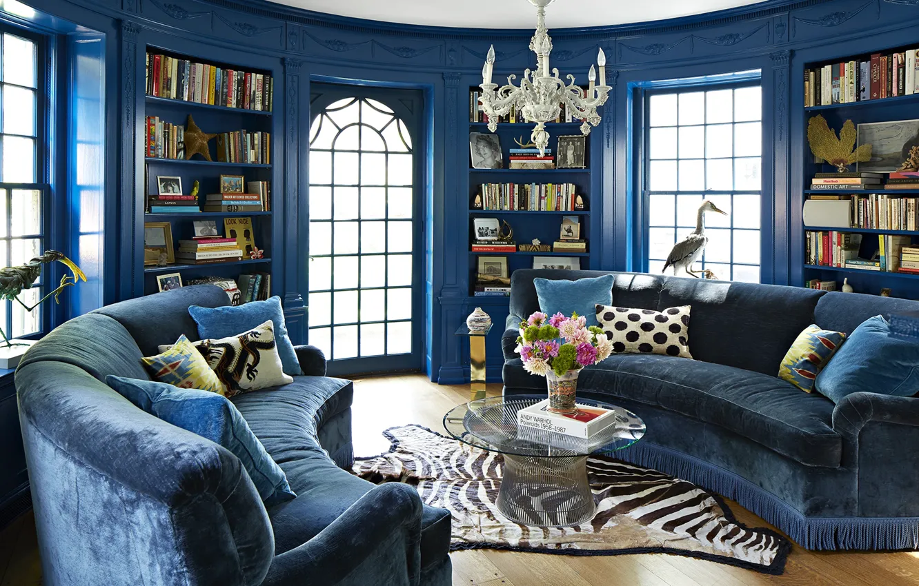Photo wallpaper design, style, interior, library, living room, Colonial Revival house, lovely blue