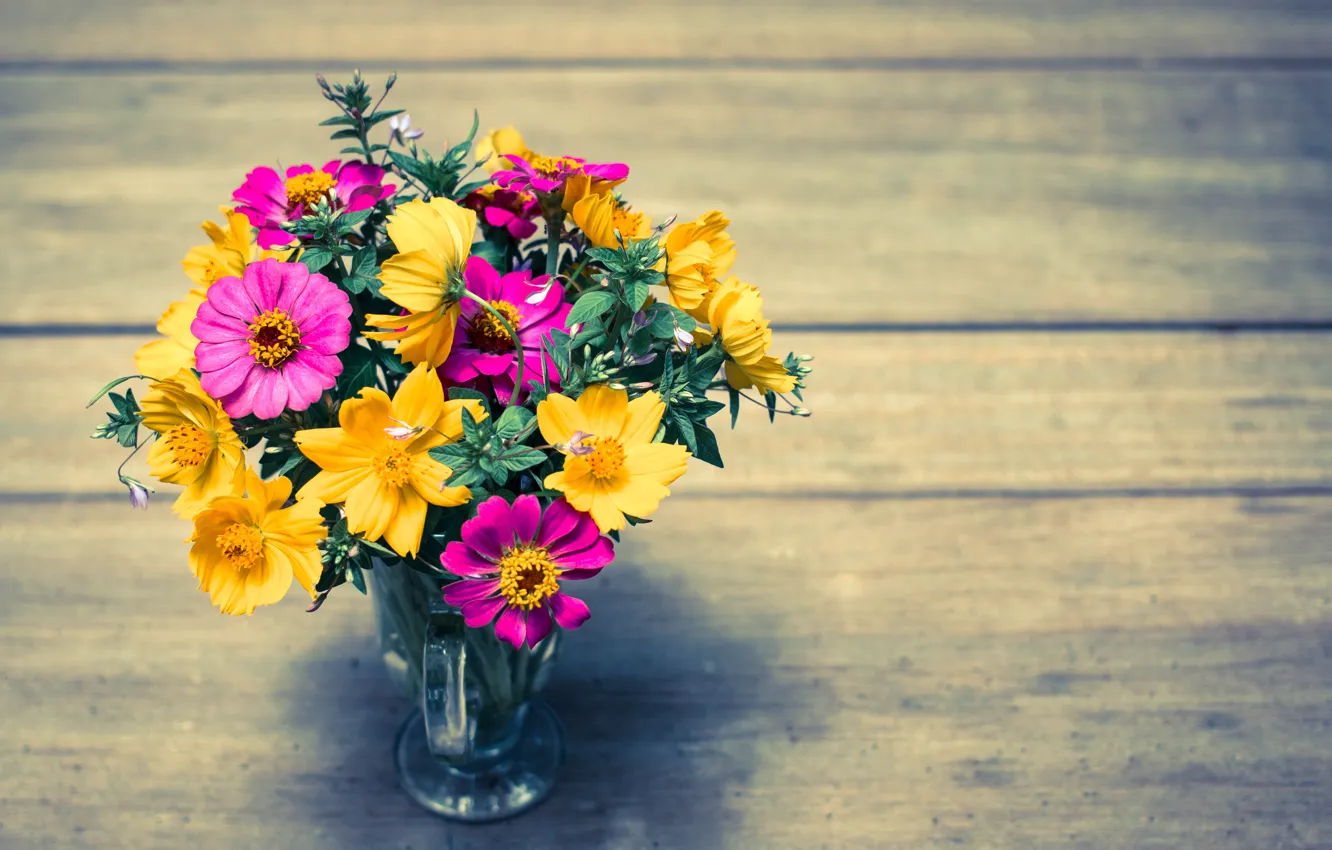 Photo wallpaper flowers, bright, bouquet, colorful, wood, flowers