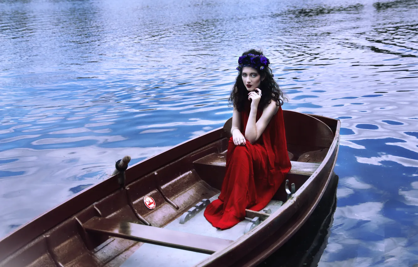Photo wallpaper girl, lake, boat