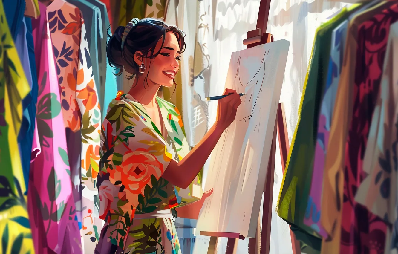 Photo wallpaper girl, smile, clothing, sketch, designer, digital art, fashion designer, AI art