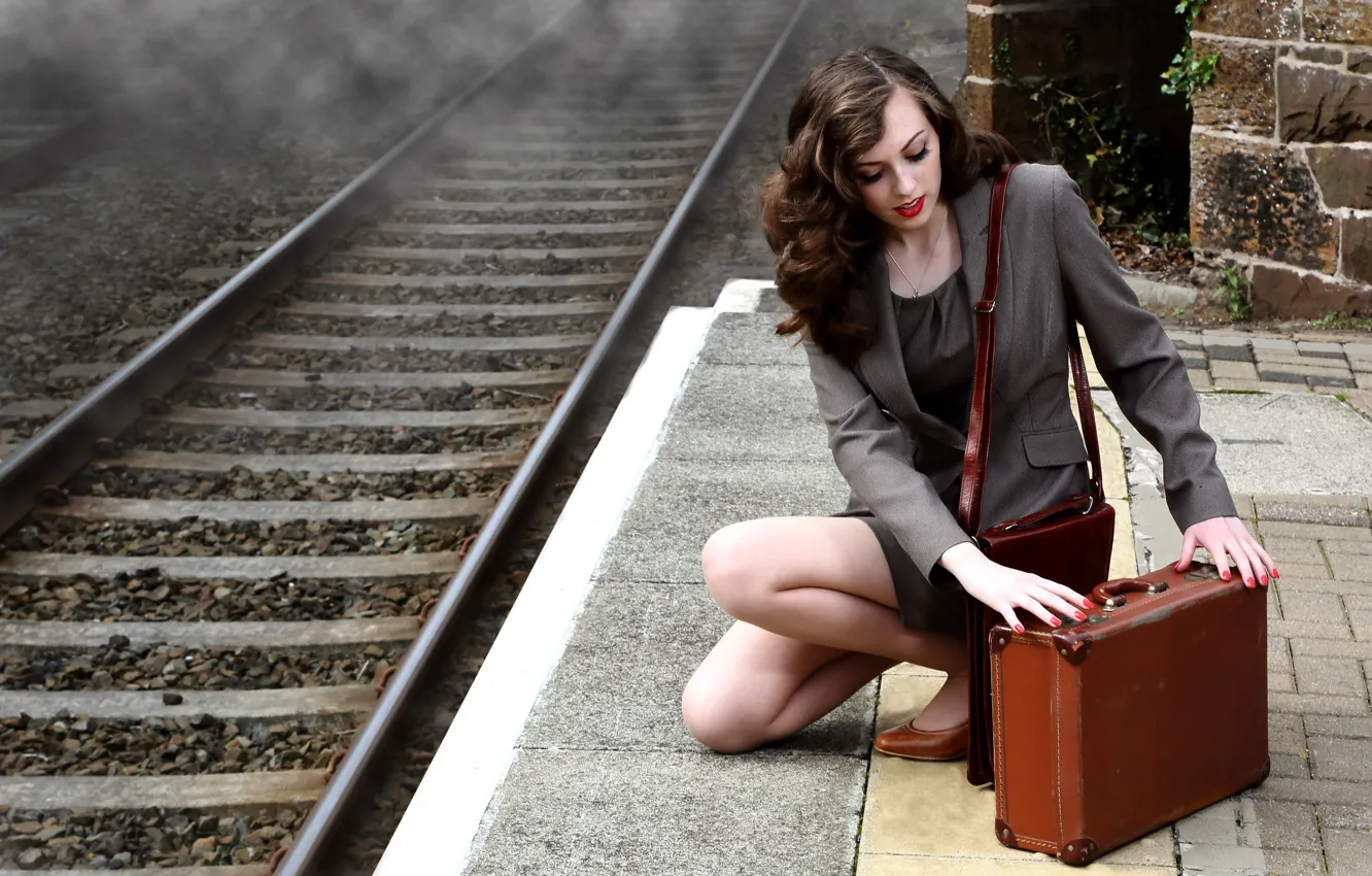 Photo wallpaper girl, railroad, suitcase