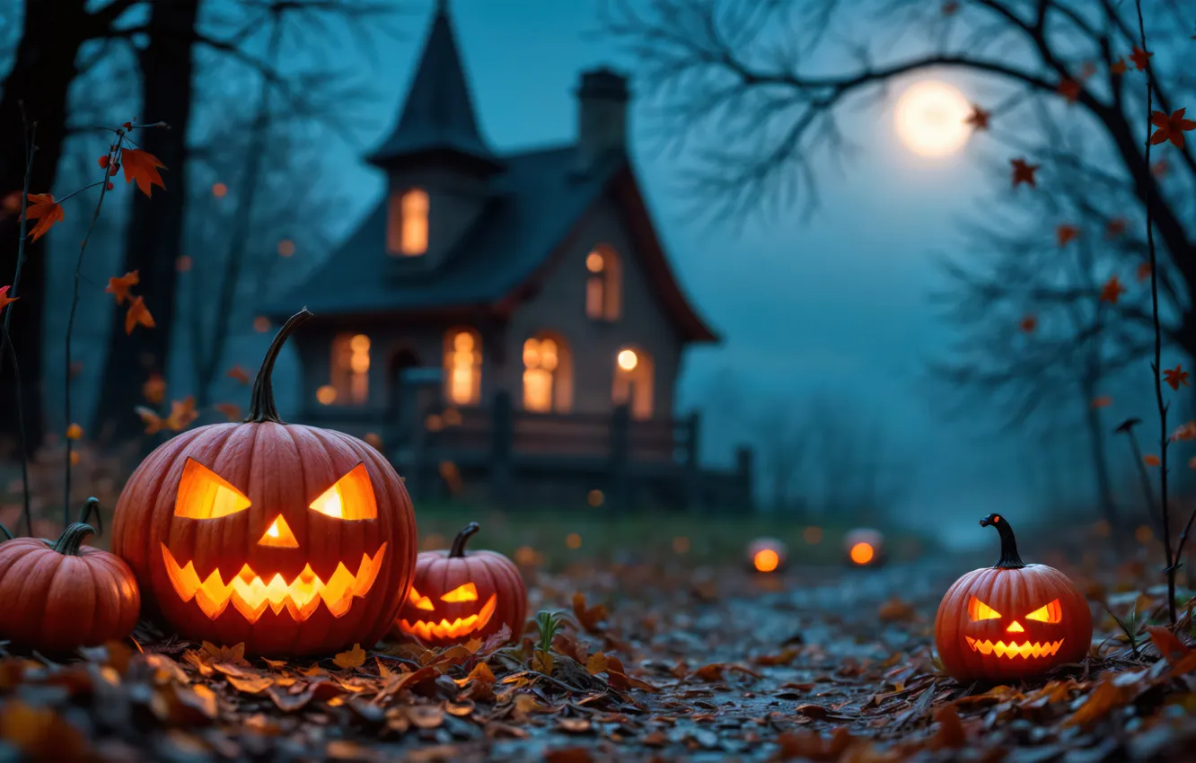 Photo wallpaper Halloween, haunted house, jack-o'-lantern, Halloween pumpkins, celebrations, Halloween night