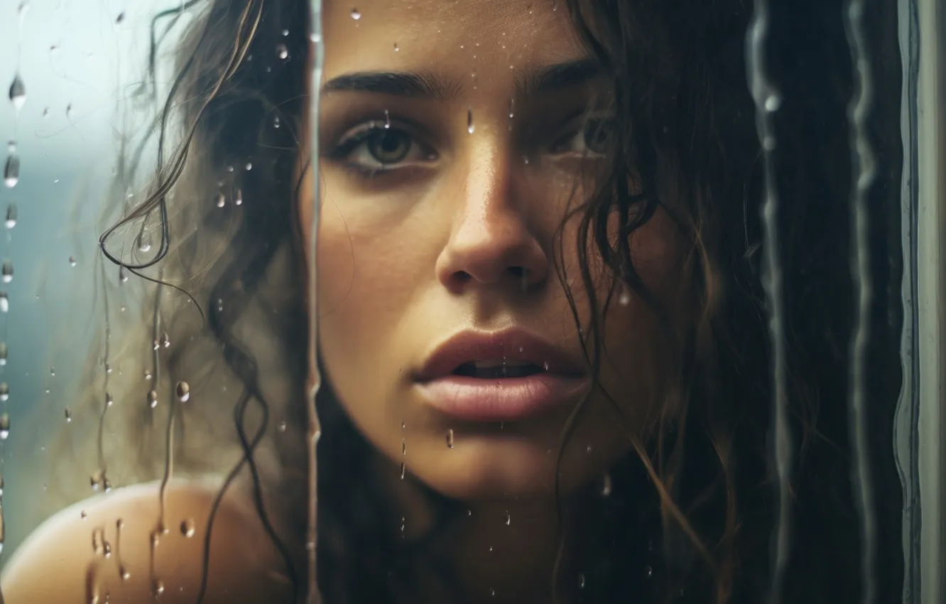 Photo wallpaper sadness, look, glass, water, girl, drops, face, pose