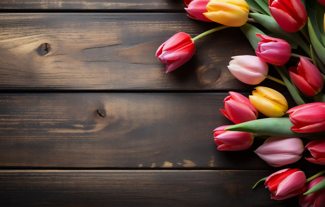 Photo wallpaper flowers, the dark background, Board, bouquet, spring, Easter, tulips, AI art
