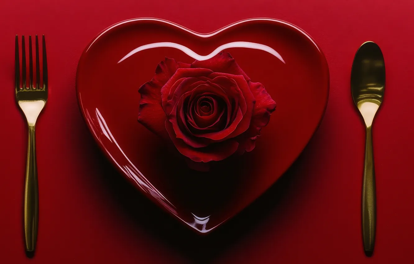 Photo wallpaper love, flowers, red, table, holiday, heart, roses, plate