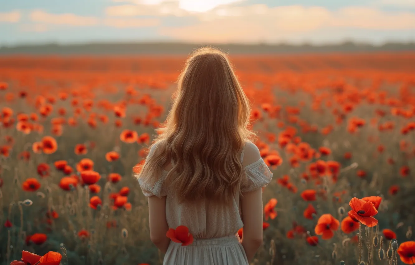 Photo wallpaper field, summer, girl, flowers, red, back, Maki, walk