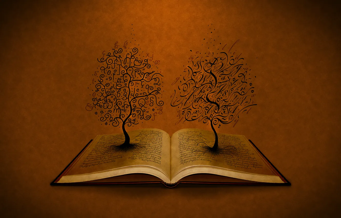 Photo wallpaper trees, letters, book