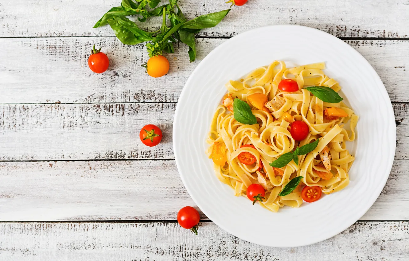 Photo wallpaper greens, tomatoes, noodles