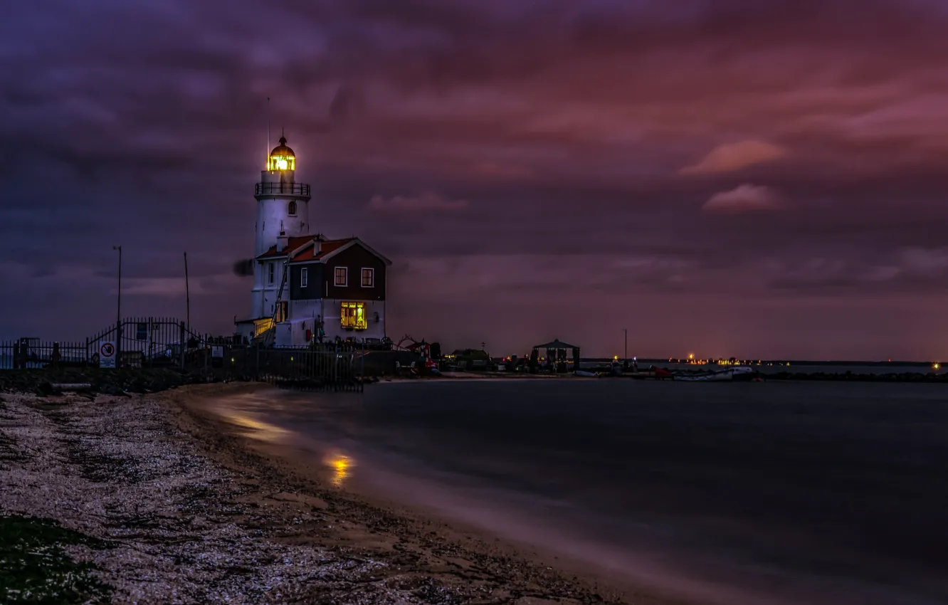 Photo wallpaper night, shore, lighthouse, Netherlands, Marken
