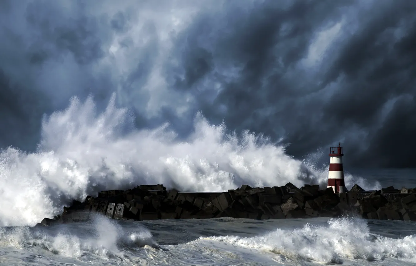 Photo wallpaper wave, the sky, clouds, storm, the ocean, element, lighthouse