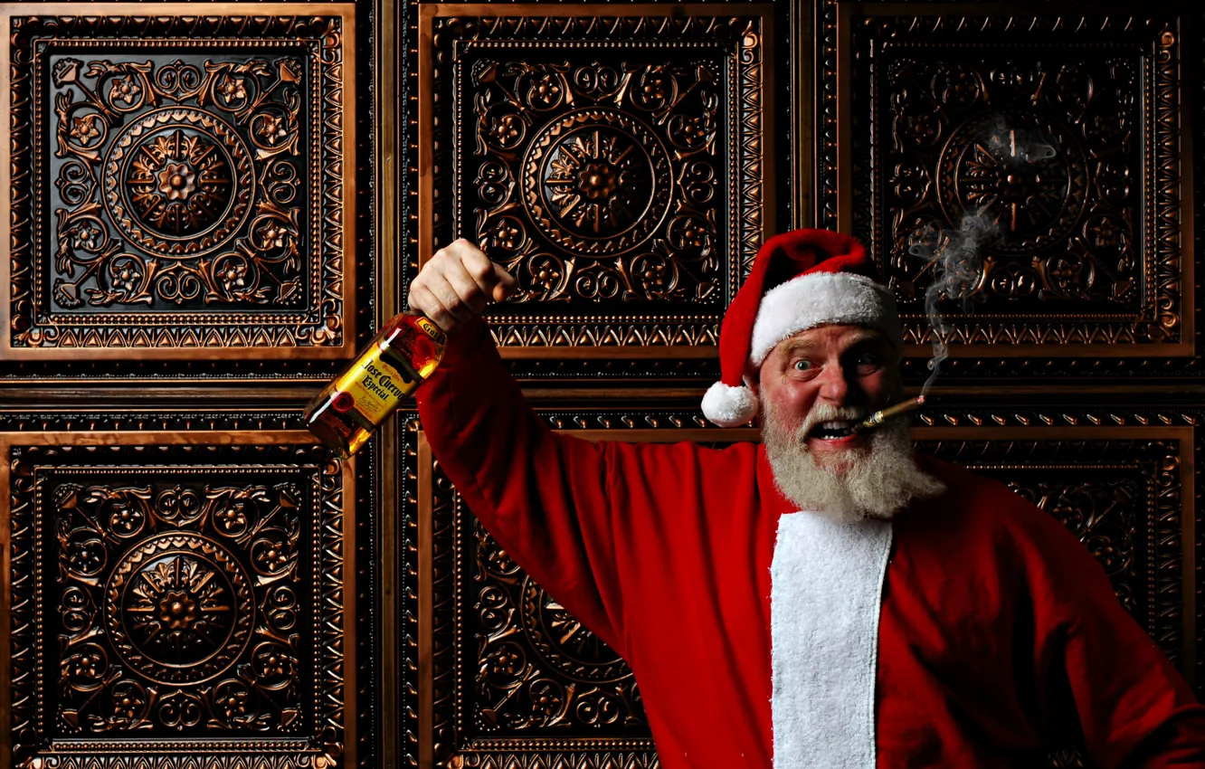 Photo wallpaper bottle, Christmas, cigar, New year, Santa Claus