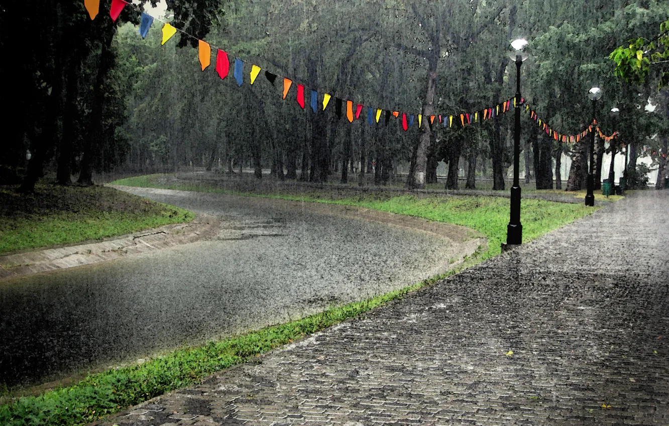 Photo wallpaper Park, rain, mood, watercolor, twilight, flags