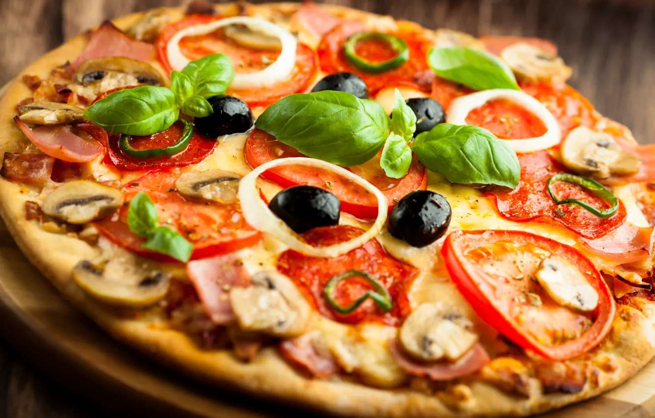 Photo wallpaper mushrooms, cheese, pepper, pizza, tomatoes, pizza, dish, olives