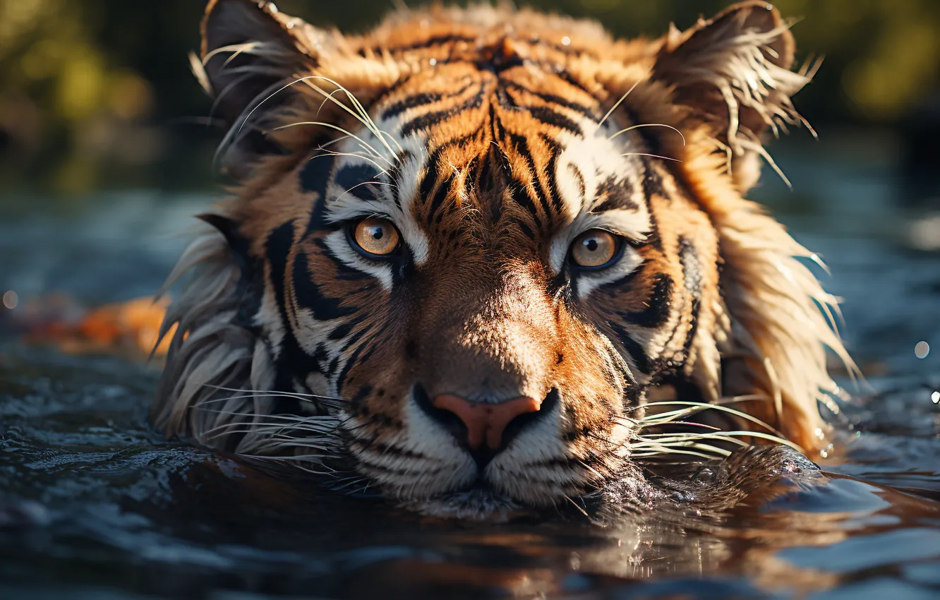 Photo wallpaper look, face, water, tiger, predator, big cat, Bengal, digital art