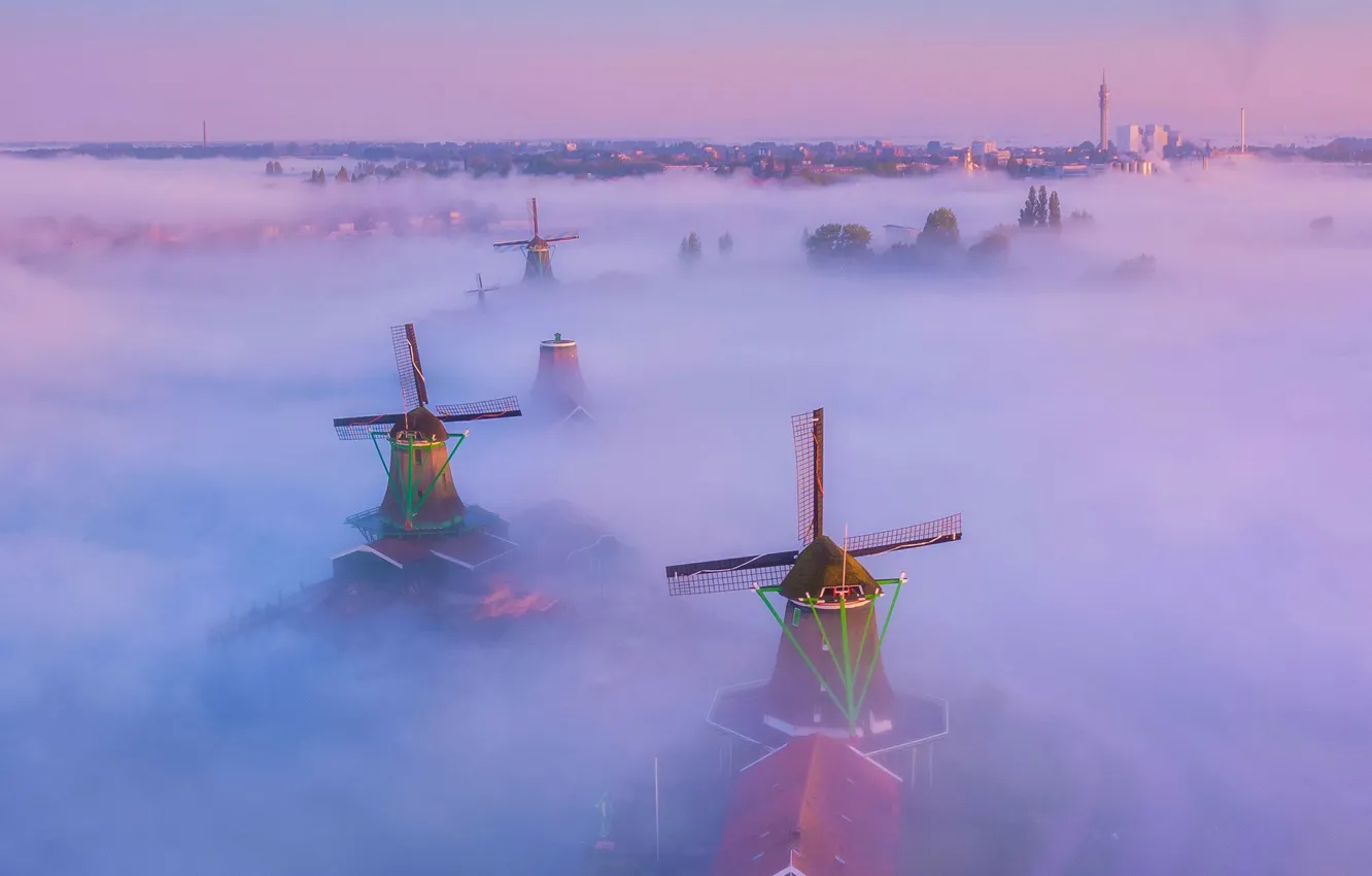 Photo wallpaper fog, Netherlands, windmill