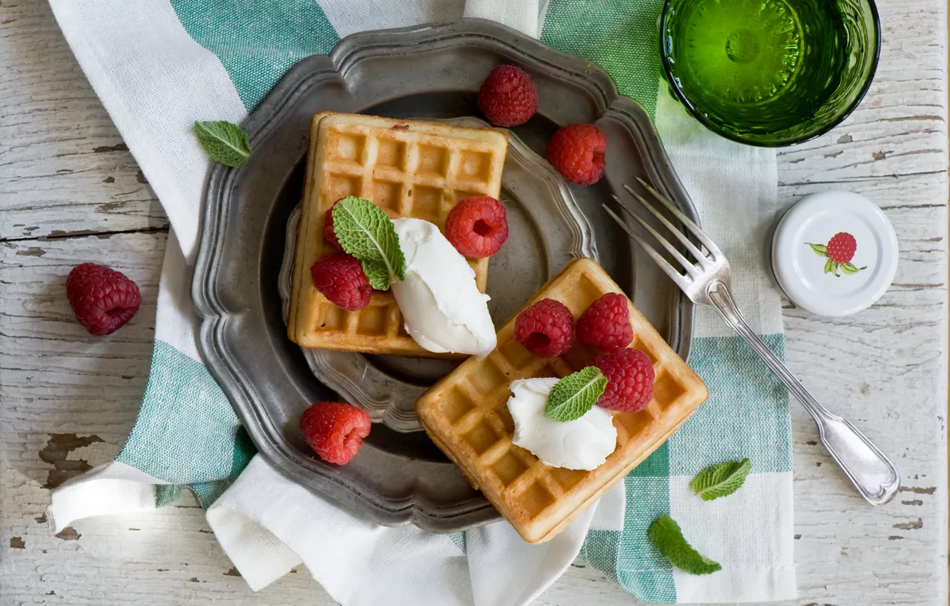 Photo wallpaper berries, raspberry, dessert, waffles