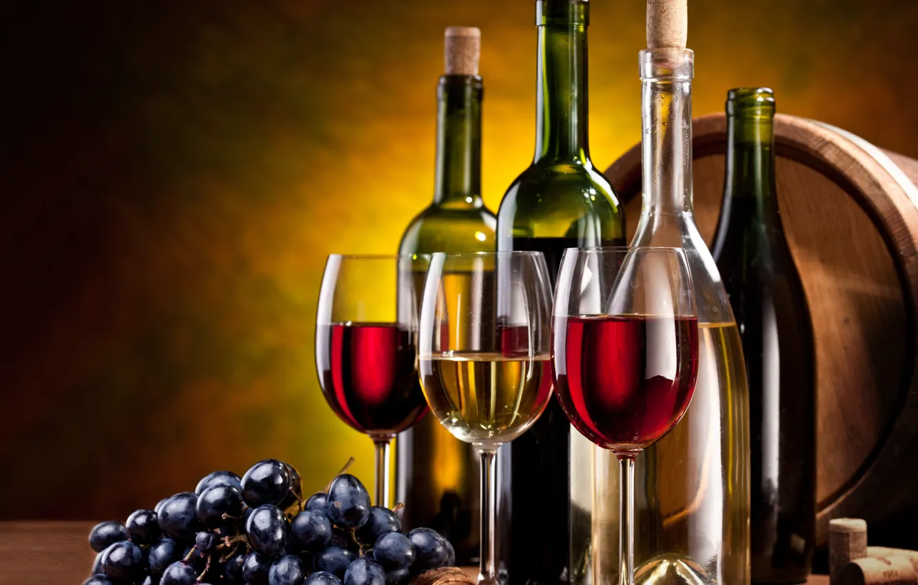 Photo wallpaper wine, red, white, glasses, grapes, bunch, tube, bottle