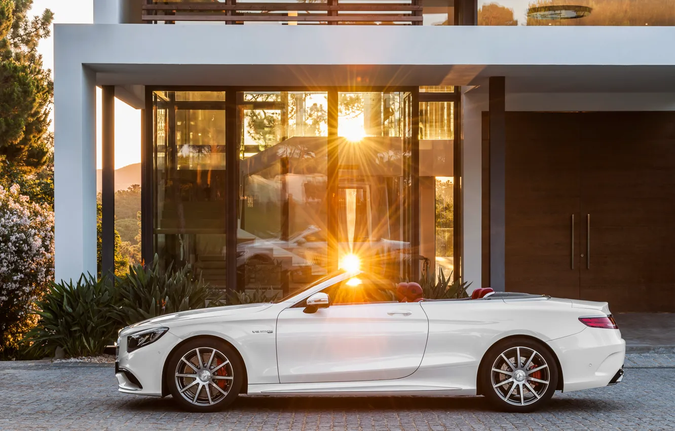 Photo wallpaper the sun, Mercedes-Benz, white, convertible, side, Mercedes, AMG, S 63