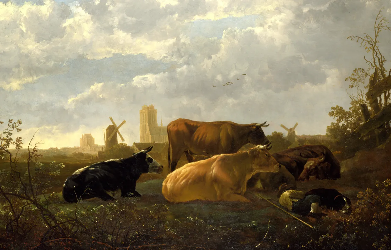 Photo wallpaper animals, dog, picture, cows, windmill, The Albert Cuyp, Aelbert Jacobsz Cuyp, Small Dort