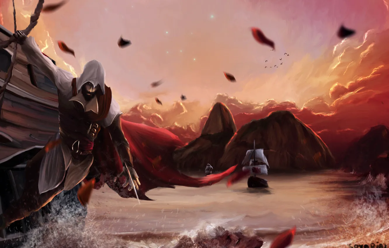 Photo wallpaper sea, sunset, rocks, ship, art, assassins creed, art, assassin